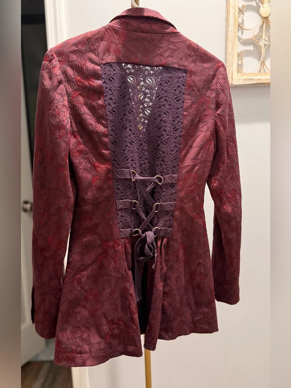 Free People Vintage Deep Burgundy & Lace Floral Jacquard Blazer